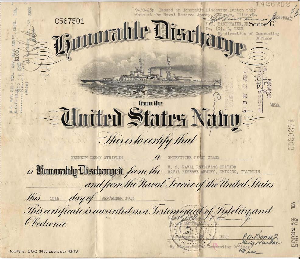 1945 Honorable Discharge Certificate- Kenneth Striplin